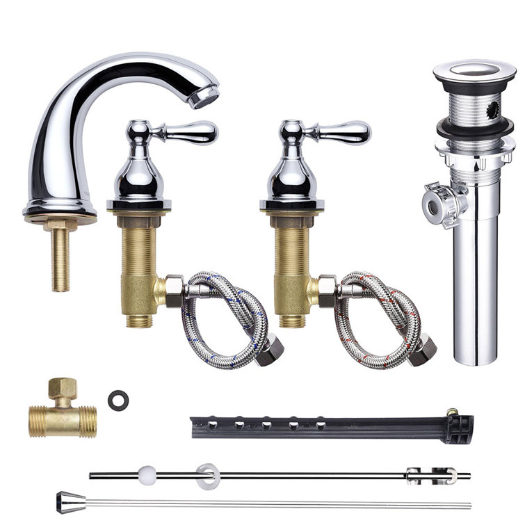 Chrome Brass 3-Hole Bathroom Faucet with Drain Assembly