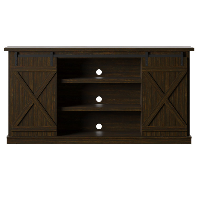 Sawcut Espresso 63" Brown Wood TV Stand with Sliding Barn Doors