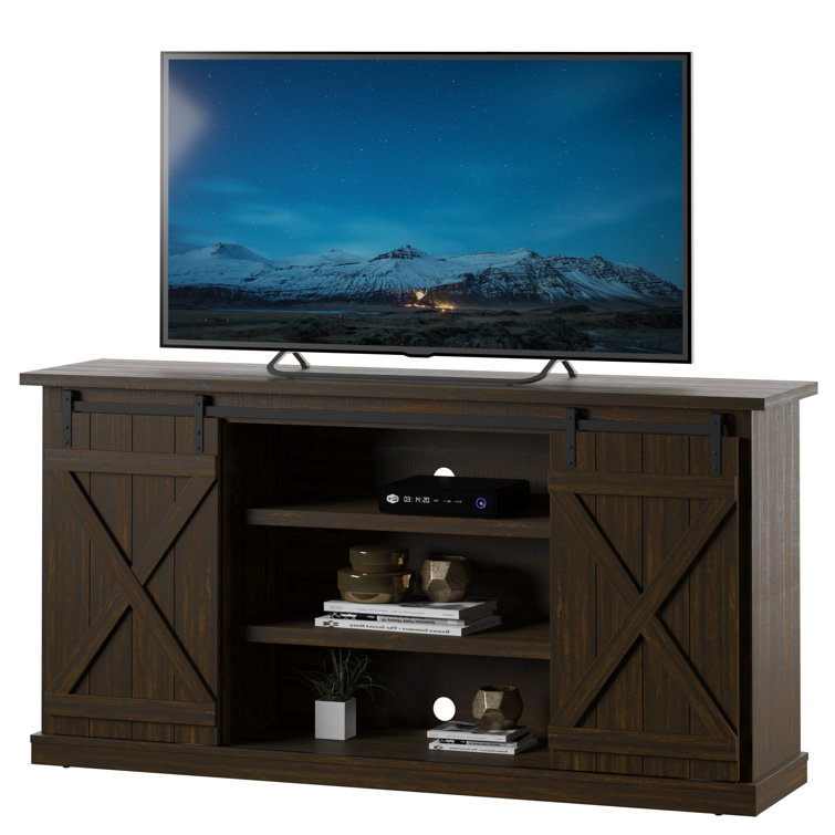 Sawcut Espresso 63" Brown Wood TV Stand with Sliding Barn Doors