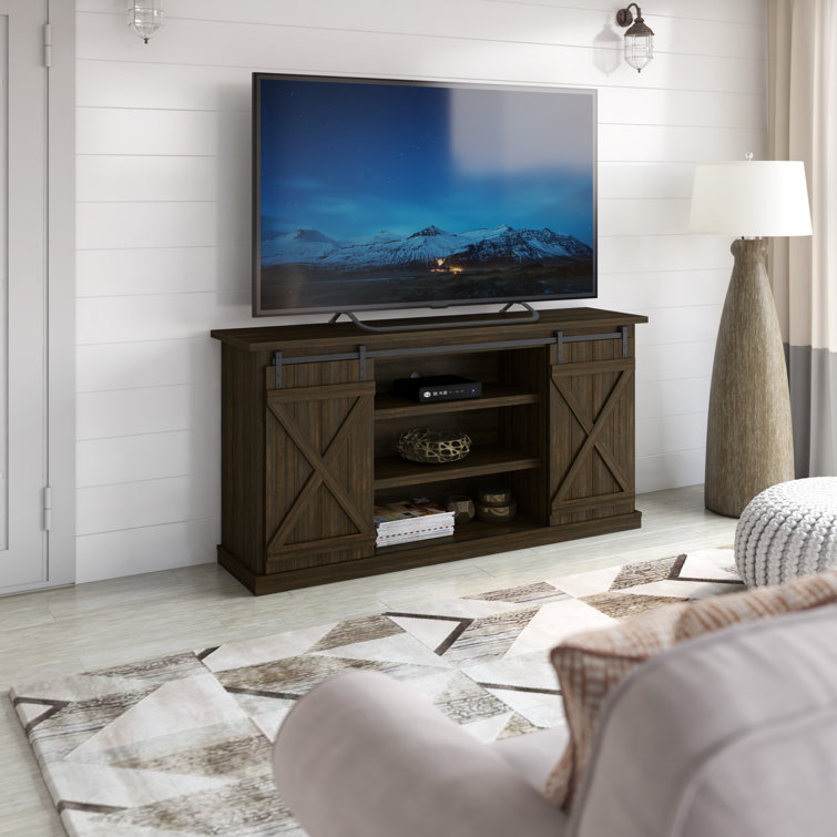 Sawcut Espresso 63" Brown Wood TV Stand with Sliding Barn Doors