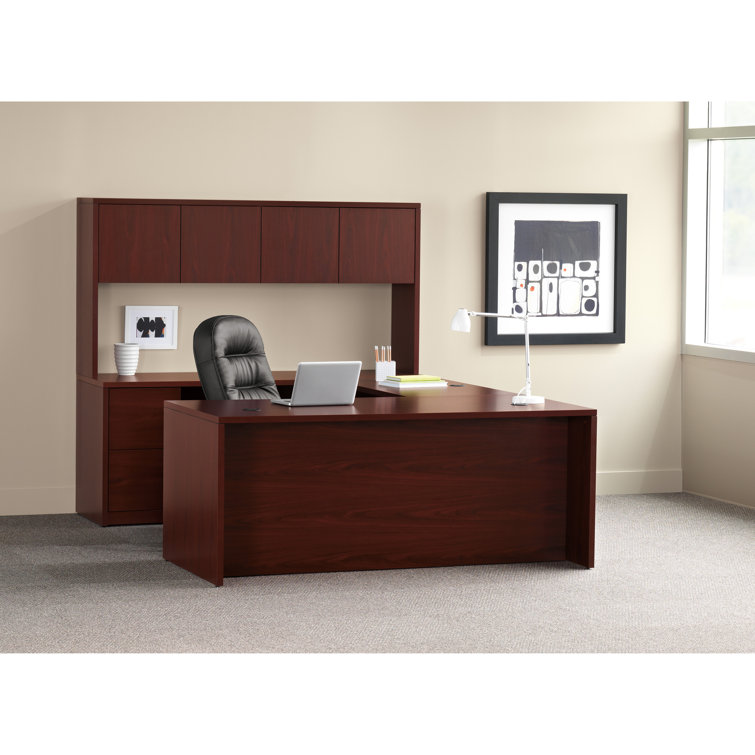 Mahogany Laminate Rectangular Desk with Drawers and Power Outlet