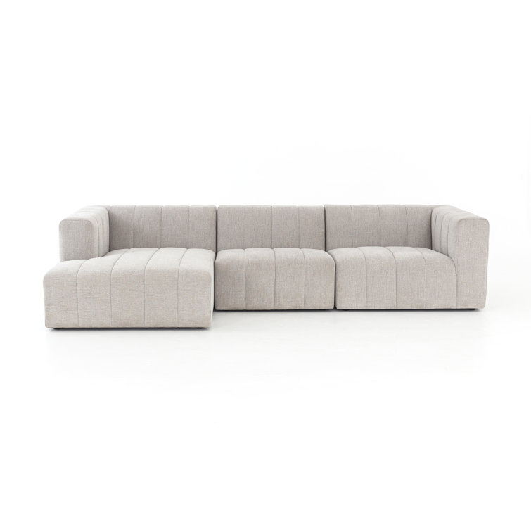 Langham 123'' Cream Herringbone Fabric 3-Piece Sectional with Ottoman