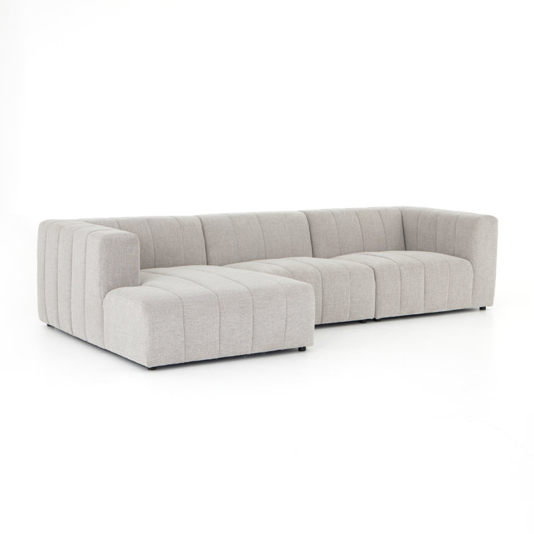 Langham 123'' Cream Herringbone Fabric 3-Piece Sectional with Ottoman