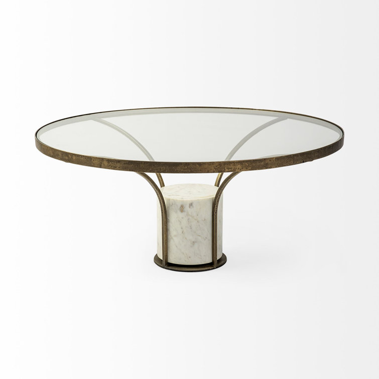 Elegant 36" Round Wood & Glass Coffee Table with Marble Base