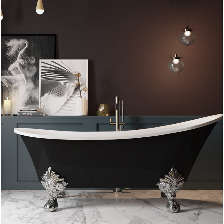 69" Black Acrylic Clawfoot Soaking Bathtub with Silver Feet