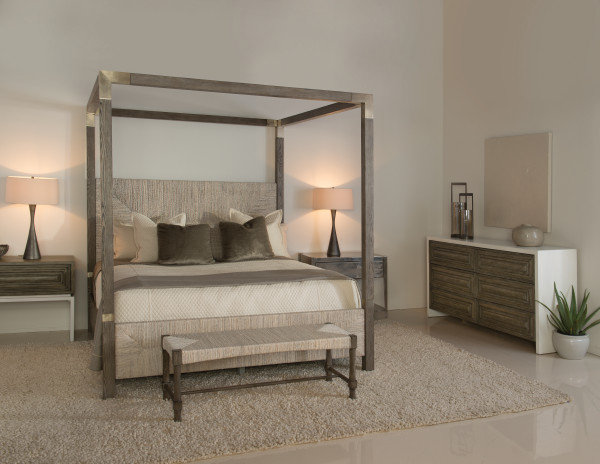 Rustic Gray Oak King Canopy Bed with Woven Headboard
