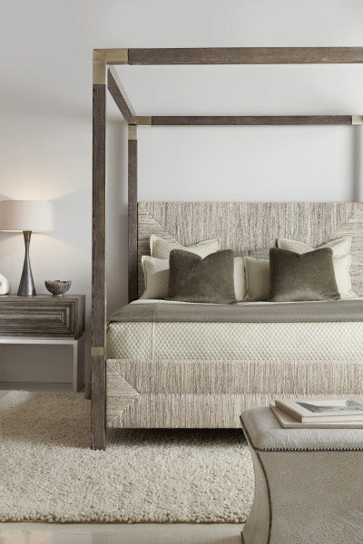Rustic Gray Oak King Canopy Bed with Woven Headboard