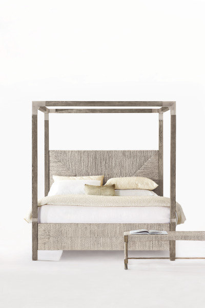 Rustic Gray Oak King Canopy Bed with Woven Headboard