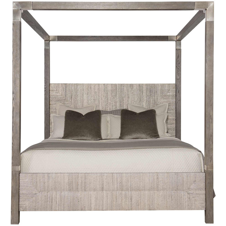 Rustic Gray Oak King Canopy Bed with Woven Headboard