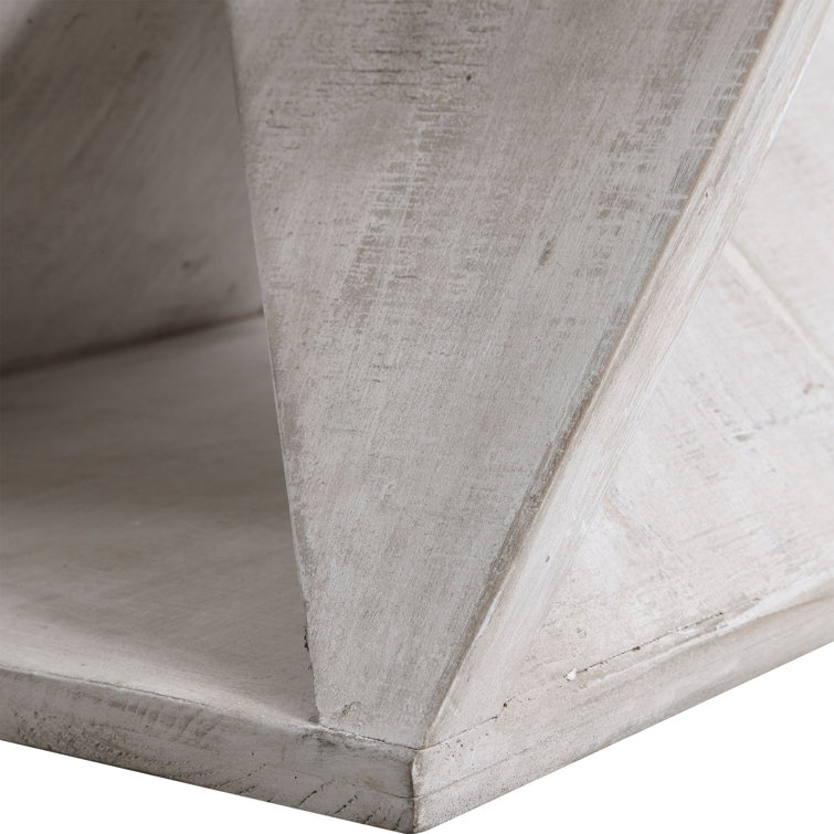 Off-White Polyester Upholstered Ottoman with Geometric Wooden Base