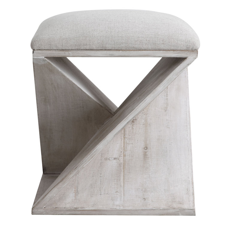 Off-White Polyester Upholstered Ottoman with Geometric Wooden Base