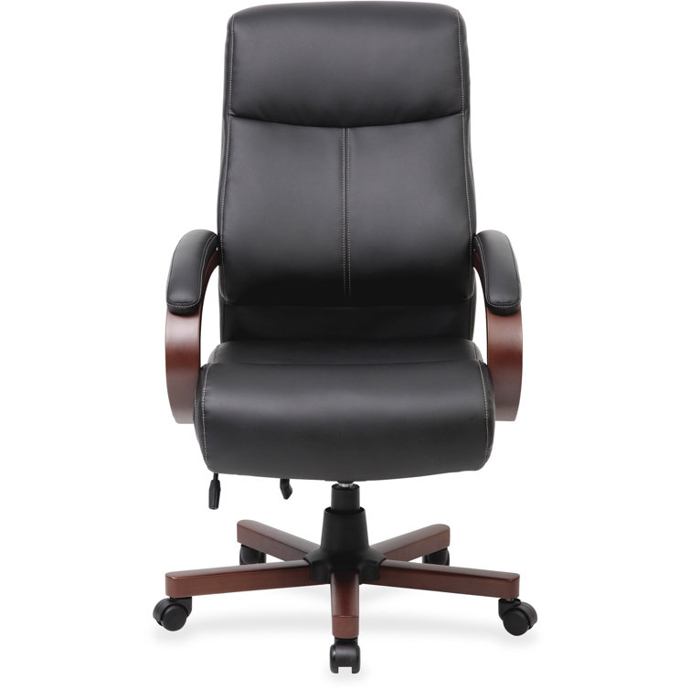 High Back Black Leather Executive Swivel Chair with Cherry Wood Finish