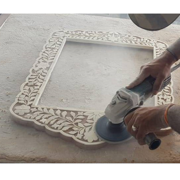 Blue and White Ornate Rectangular Wood Wall Mirror