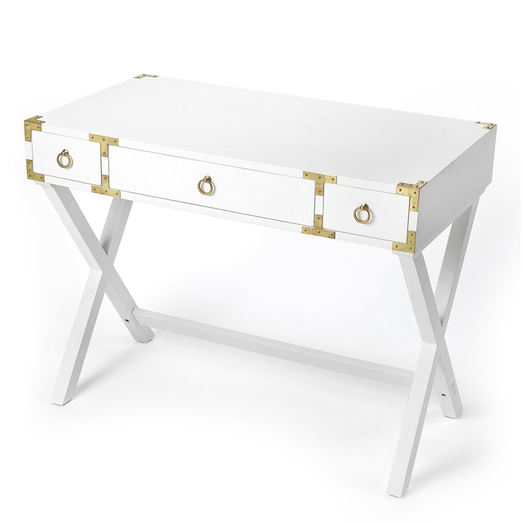 Aerilyn Glossy White Wood Writing Desk with Gold Accents