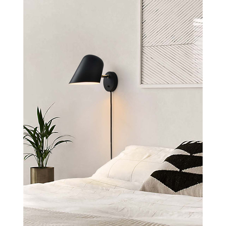Matte Black and Brushed Brass Plug-In Wall Sconce with LED Light