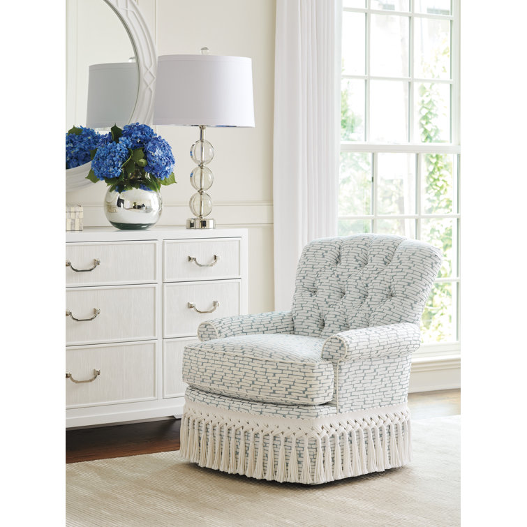 White Tufted Swivel Chair with Tassel Skirt