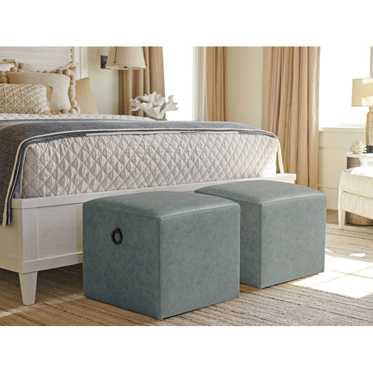 Ocean Breeze Square Blue Genuine Leather Ottoman with Casters