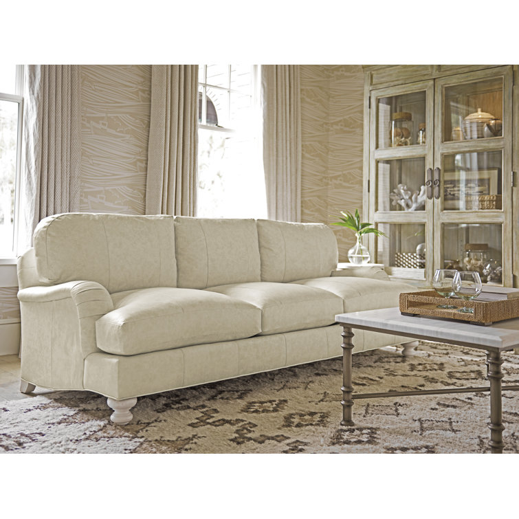 Mahogany Frame White Faux Leather Pillow Back Sofa with Down Fill