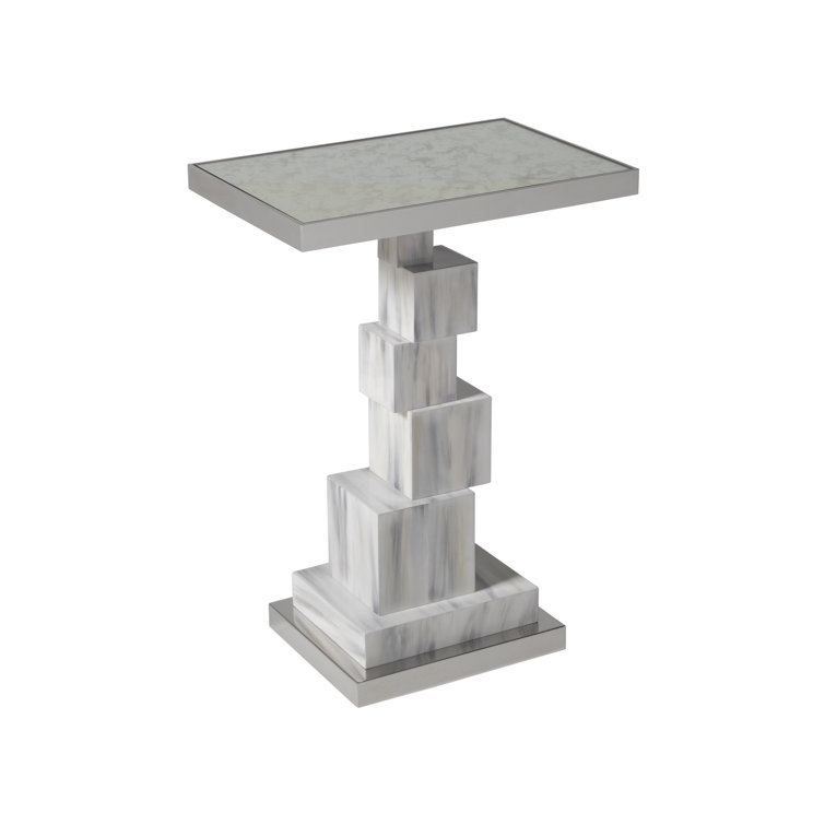 Modern Brutalist White Wood & Metal Mirrored End Table