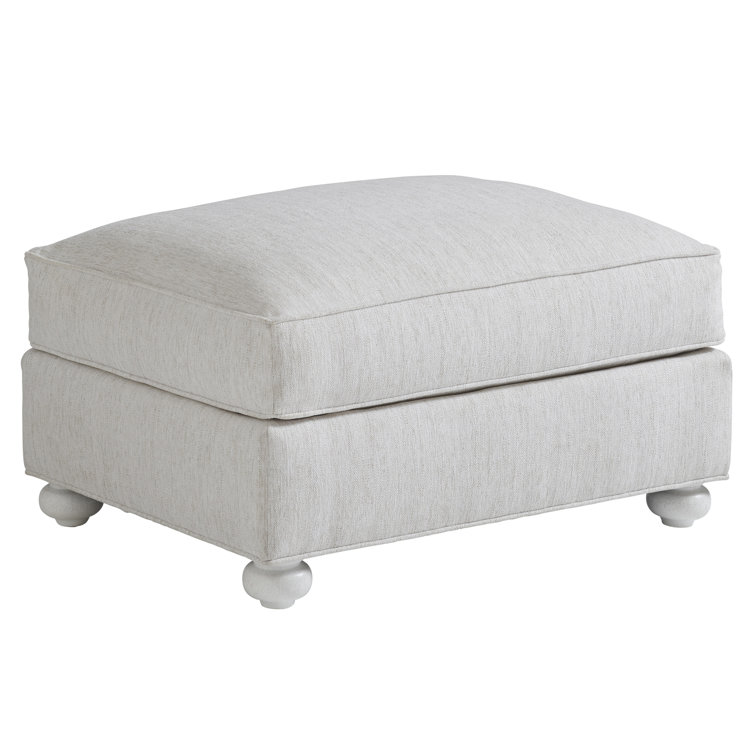 White Polyester Blend Coastal Ottoman with Mahogany Legs