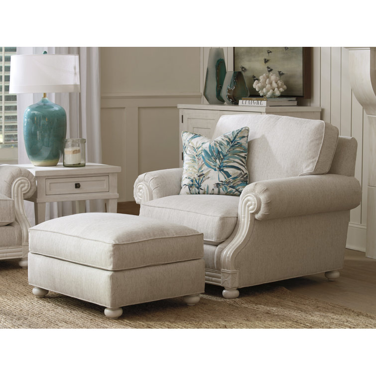 White Polyester Blend Coastal Ottoman with Mahogany Legs