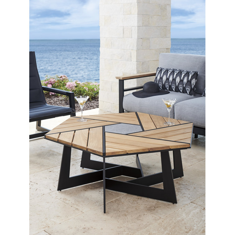 Hexagonal Black and Teak Outdoor Cocktail Table