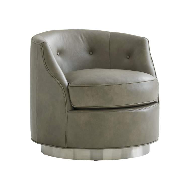 Gray Leather Swivel Accent Chair with Metal Base