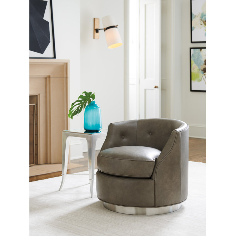 Gray Leather Swivel Accent Chair with Metal Base