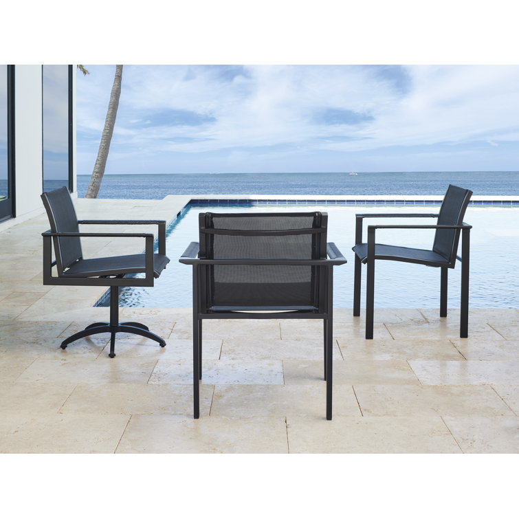 South Beach Sleek Black Aluminum and Teak Swivel Dining Armchair