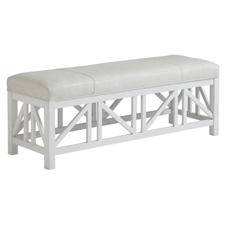 Sophisticated Coastal White Faux Leather & Mahogany Bench