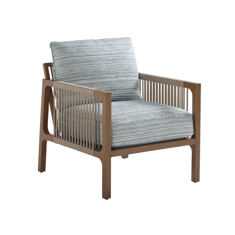 Teak and Blue Cushioned Lounge Dining Chair