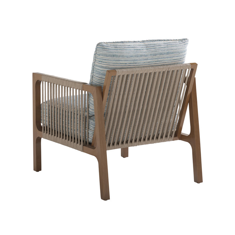 Teak and Blue Cushioned Lounge Dining Chair