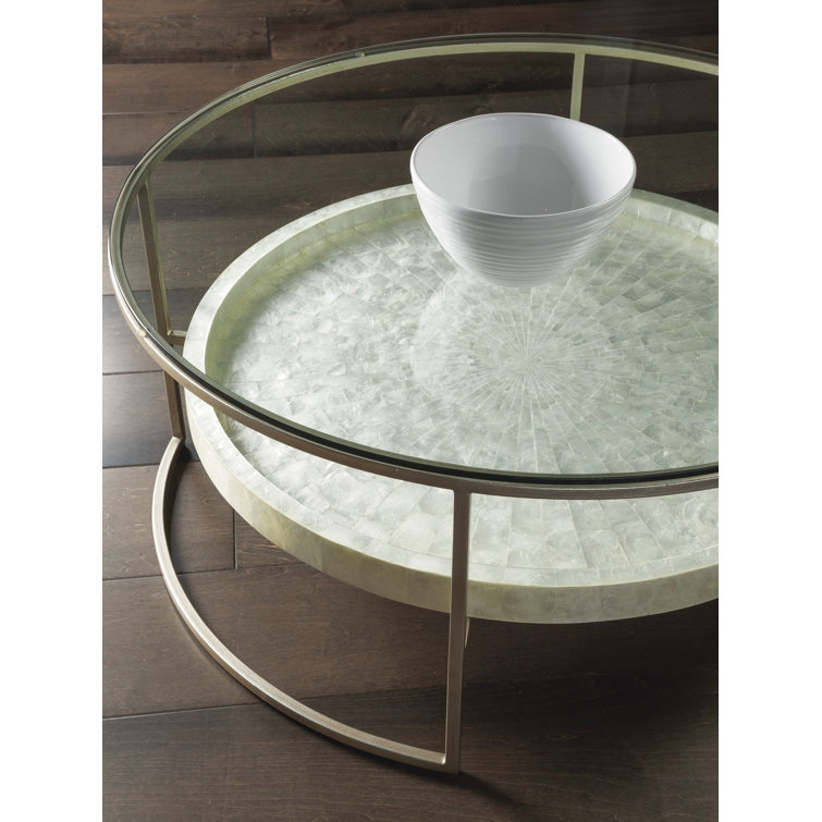 Champagne Foil and Glass Round Cocktail Table with Capiz Shelf
