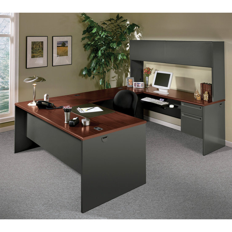 Executive Charcoal Mahogany Metal Desk with Filing Cabinet