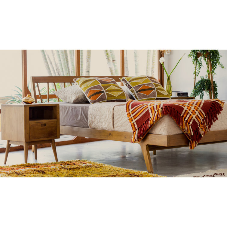 Queen Teak Wood Mid-Century Modern Platform Bed with Slats