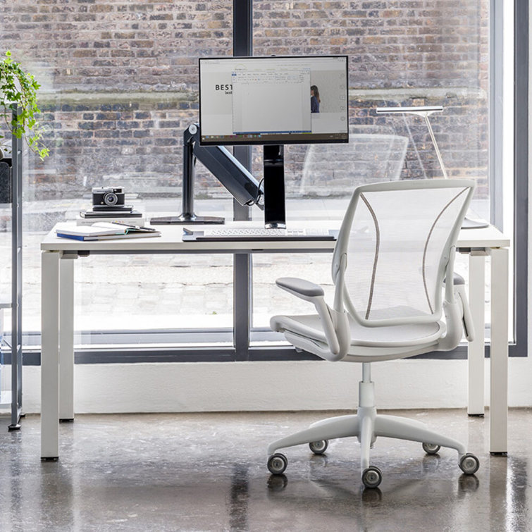 Pinstripe White Mesh Swivel Task Chair with Adjustable Arms