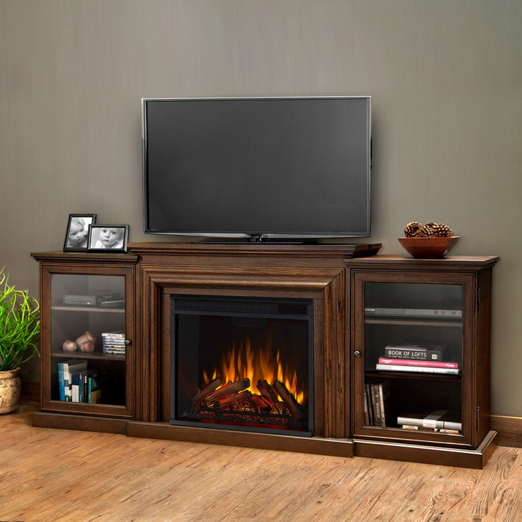 Chestnut Oak 72" TV Stand with Electric Fireplace and Glass Cabinets