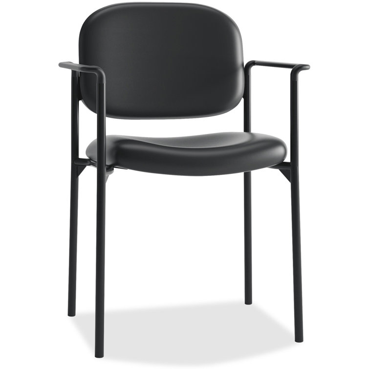 Stackable Black Leather & Steel Visitor Chair with Fixed Arms