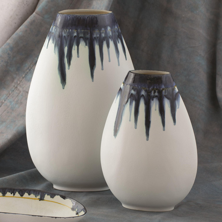 Elegant Porcelain Table Vase with Hand-Painted Blue and Yellow Drip