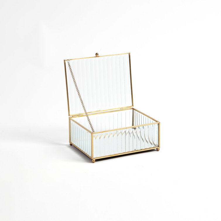 Small Clear Reeded Glass Box with Brass Trim
