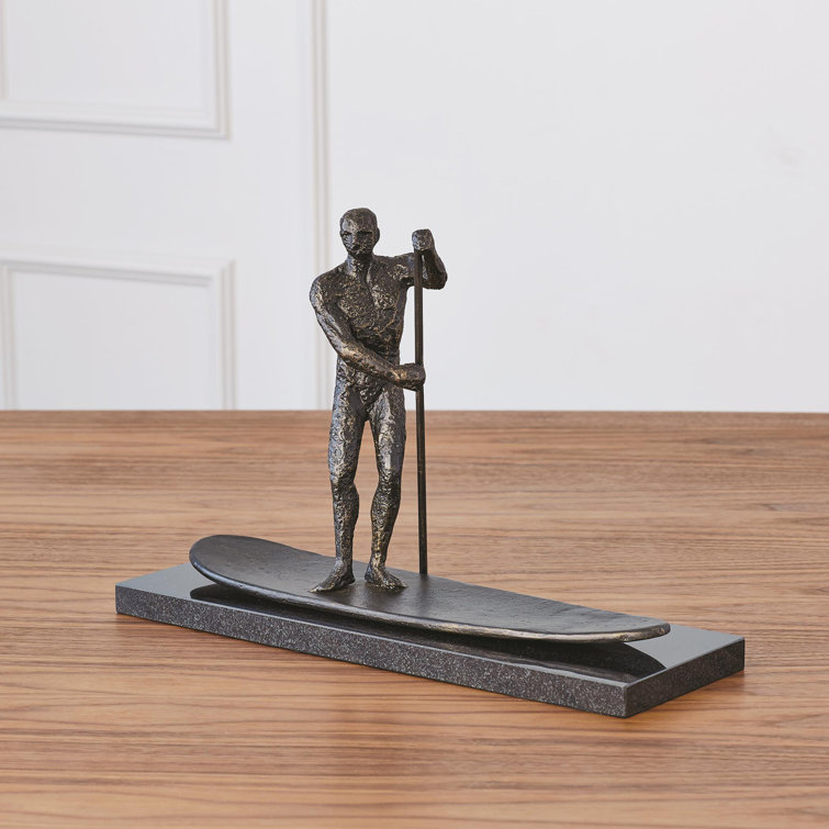 Coastal Bronze Iron SUP Sculpture on Black Marble Base