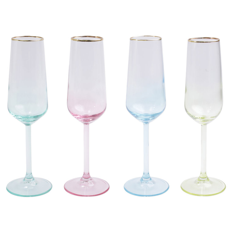 Assorted Multicolor Glass Champagne Flute Set with Gold Rim