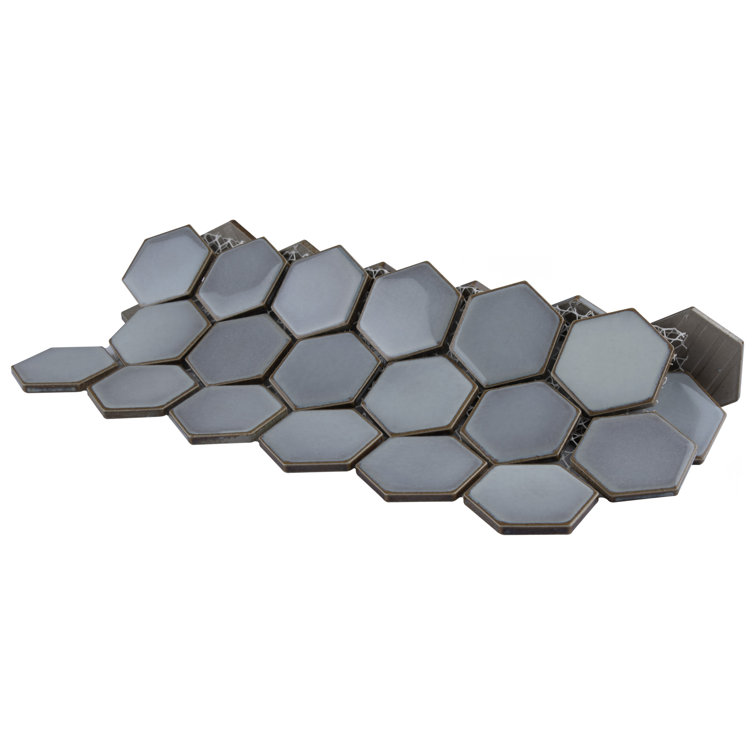 Modern Glossy Hexagon Porcelain Mosaic Tile in Soothing Gray