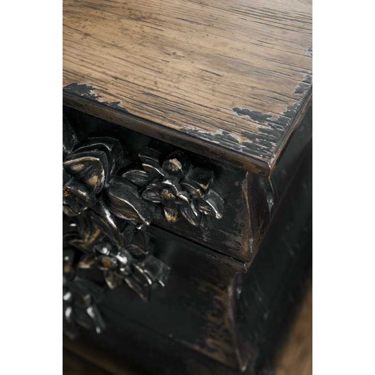 Black Distressed Three-Drawer Chest with Floral Accents