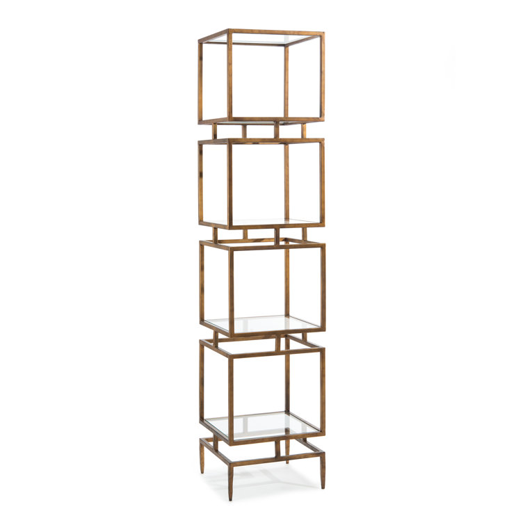 Modernist Antiqued Brass Cubes Etagere with Glass Shelves