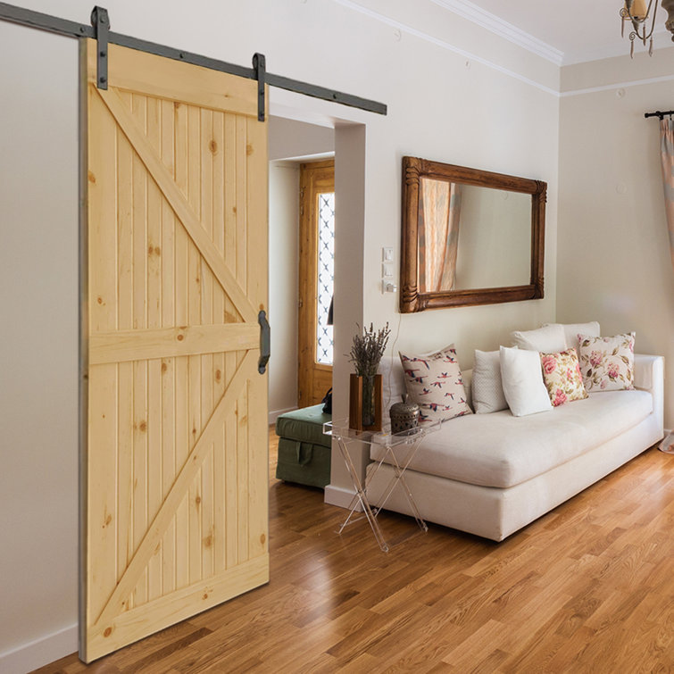 84" Unfinished Knotty Pine Interior Barn Door with K-Bar Design