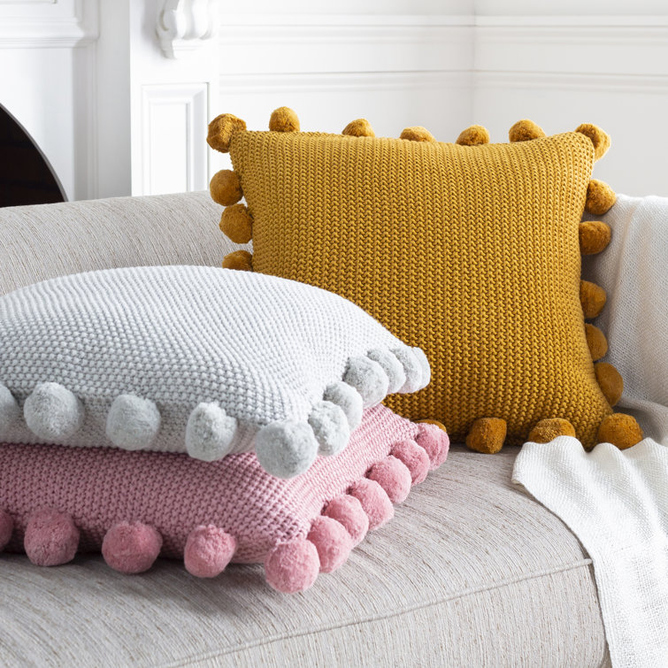 Mustard Cotton Square Kids Pillow Cover with Pom Poms