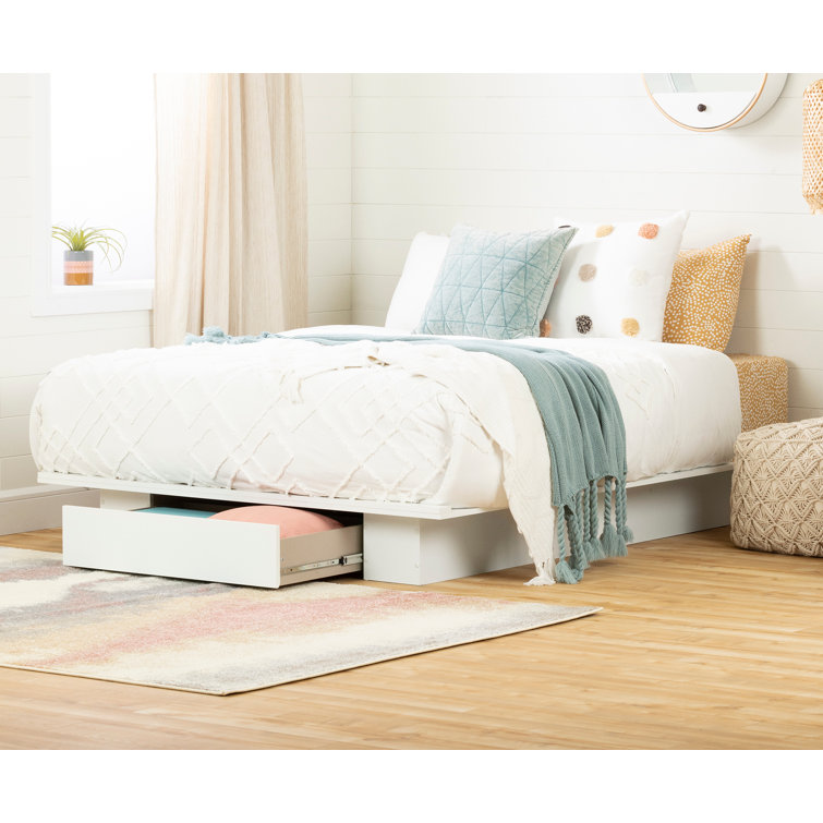 White Queen Platform Bed with Single Storage Drawer
