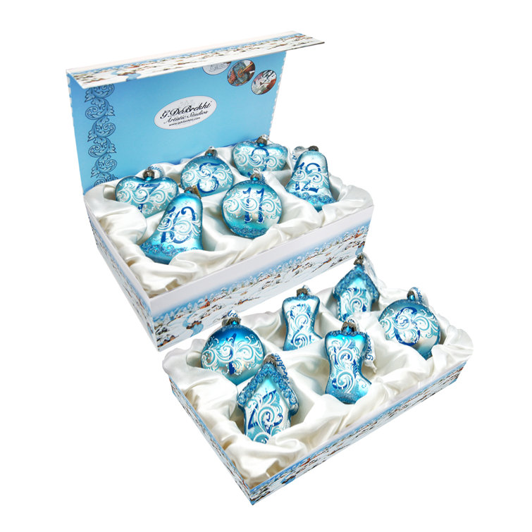 Hand-Painted Glass Christmas Ornaments Set with Silver Hanger