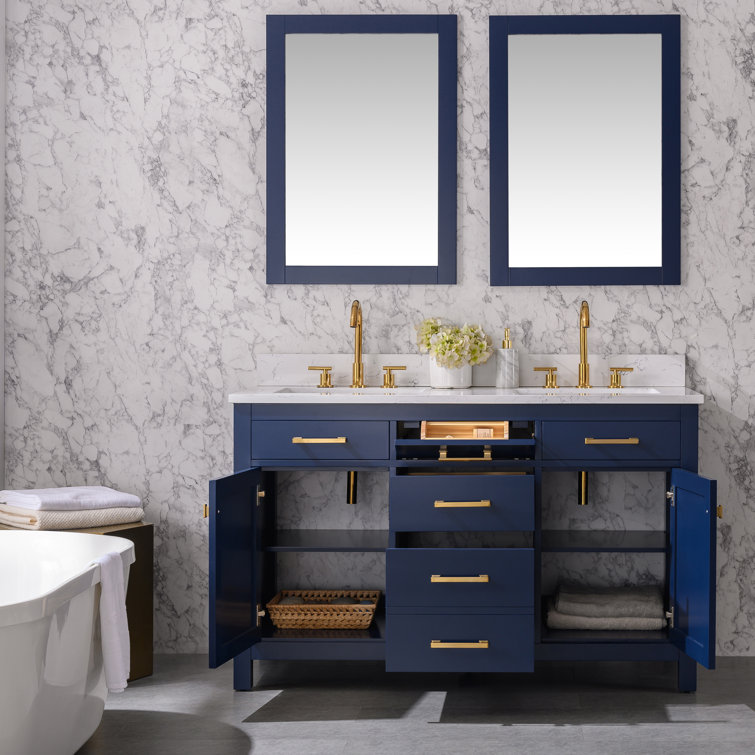 Navy Blue Double Freestanding Bathroom Vanity with Gold Hardware